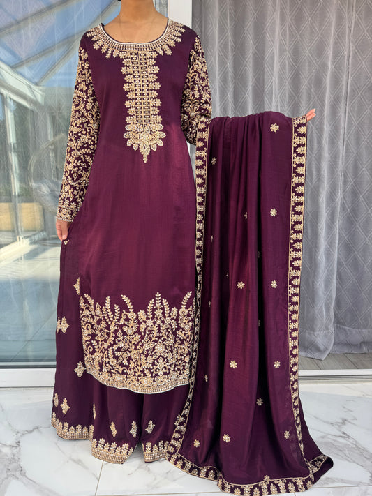 YASMIN - Embroidered raw silk kameez and sharara with diamanté