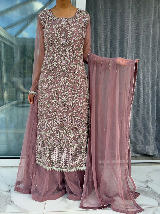 HANA - Intricately diamanté embellished net kameez with sharara