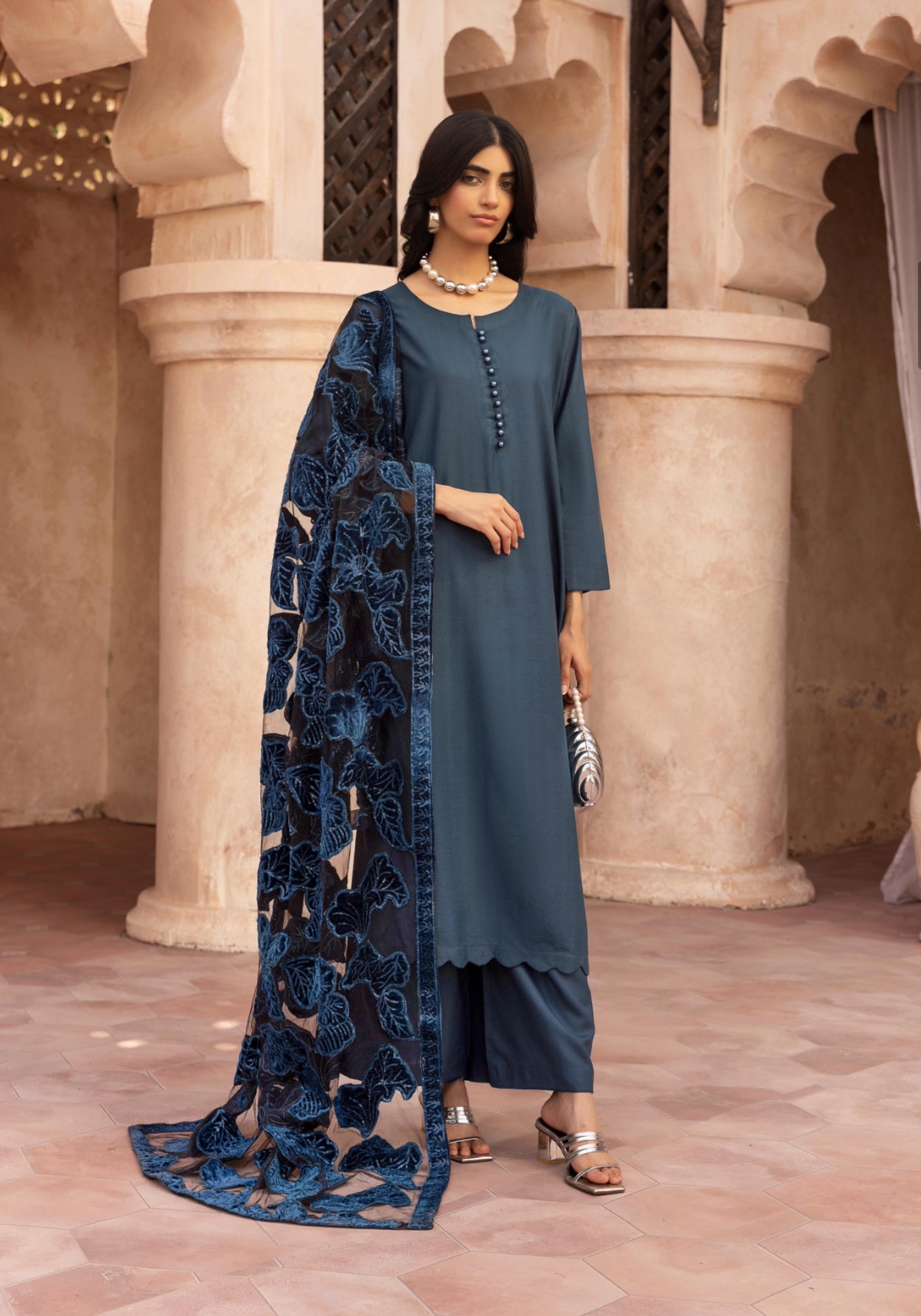NURA SIMRANS - Dhanak readymade outfit with laserkari velvet net dupatta