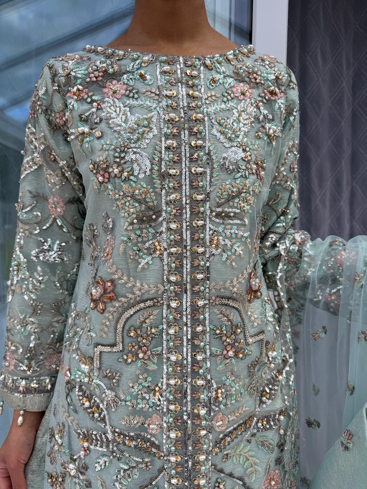 ALAIRA BLUE - Handwork embellished net outfit with Sharara