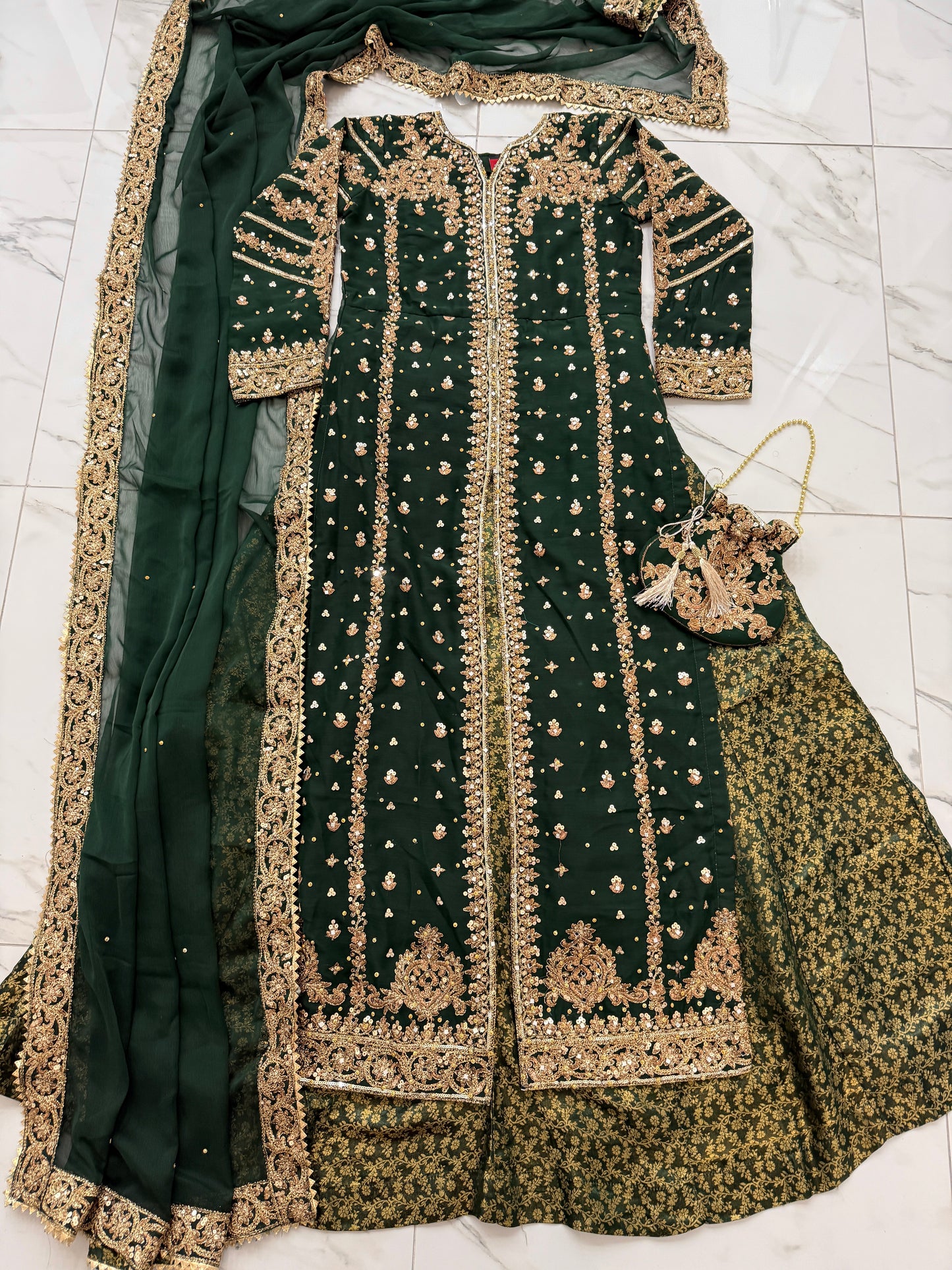 JANNAT - Embroidered chiffon kameez with brocade lengha green