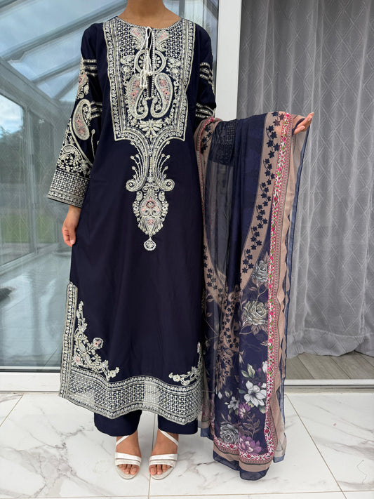 SIMRANS ETHNIC KAFTAN NAVY BLUE - Embroidered kaftan style kameez with straight trousers