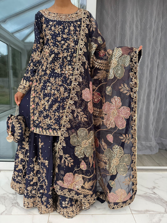KHAANI NAVY BLUE - Embroidered luxury silk kameez with Sharara