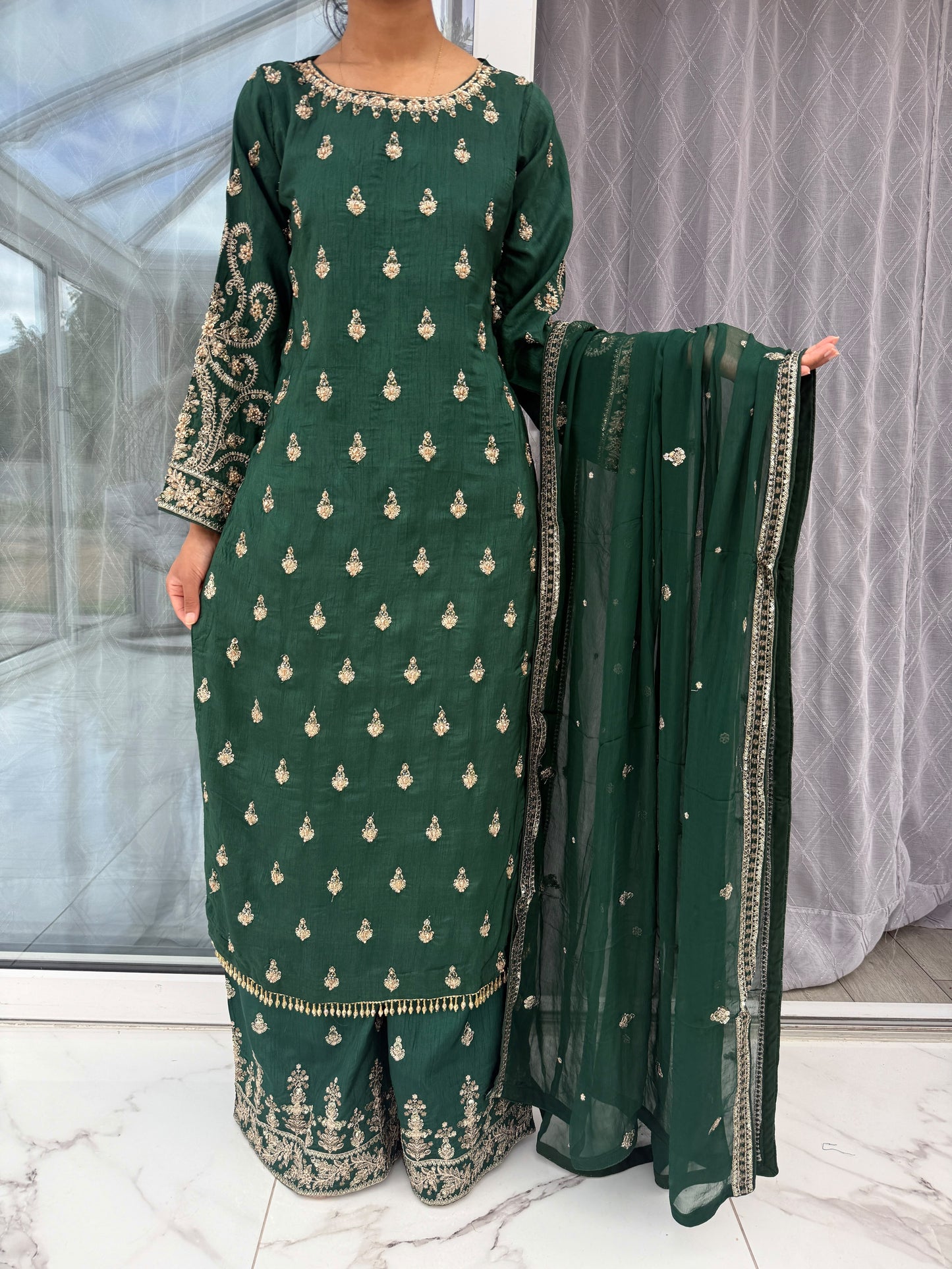 ADAH GREEN - Handwork embellished pure silk kameez with plazo