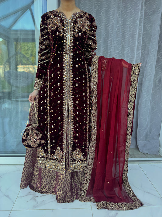 JANNAT - Embroidered Velvet kameez with brocade Lengha