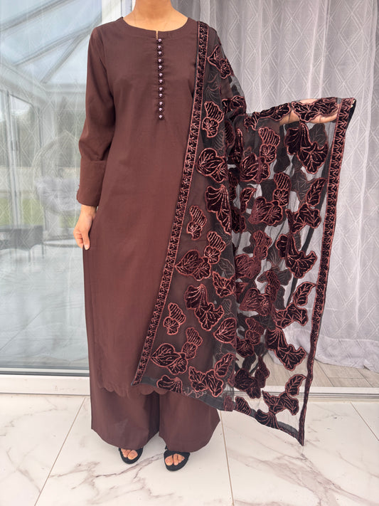 NURA SIMRANS - Dhanak readymade outfit with laserkari velvet net dupatta