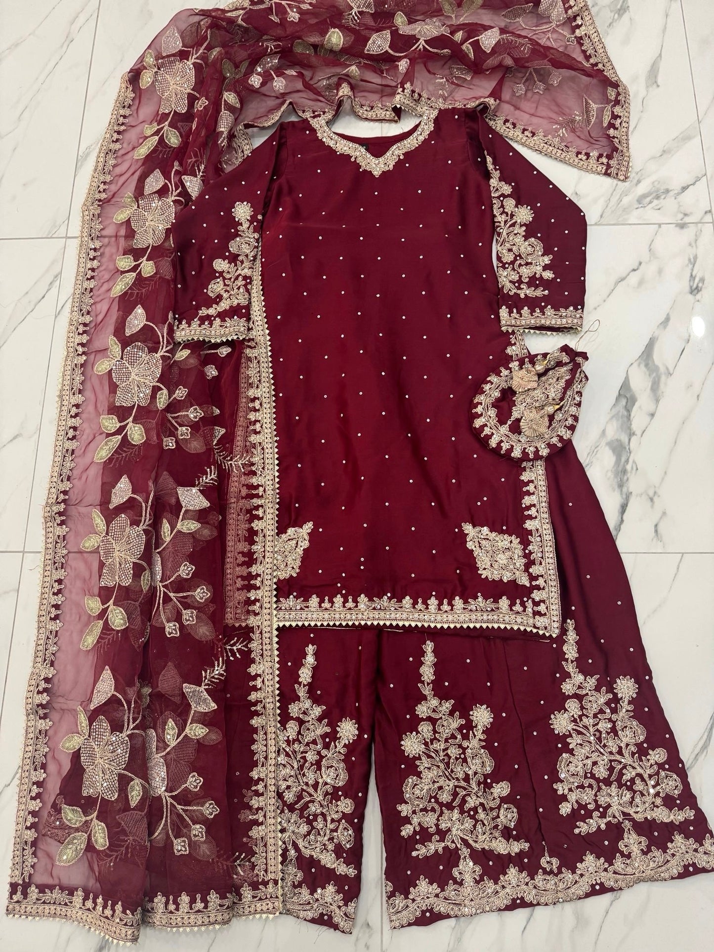 KASHISH MAROON - Embroidered silk kameez with sharara