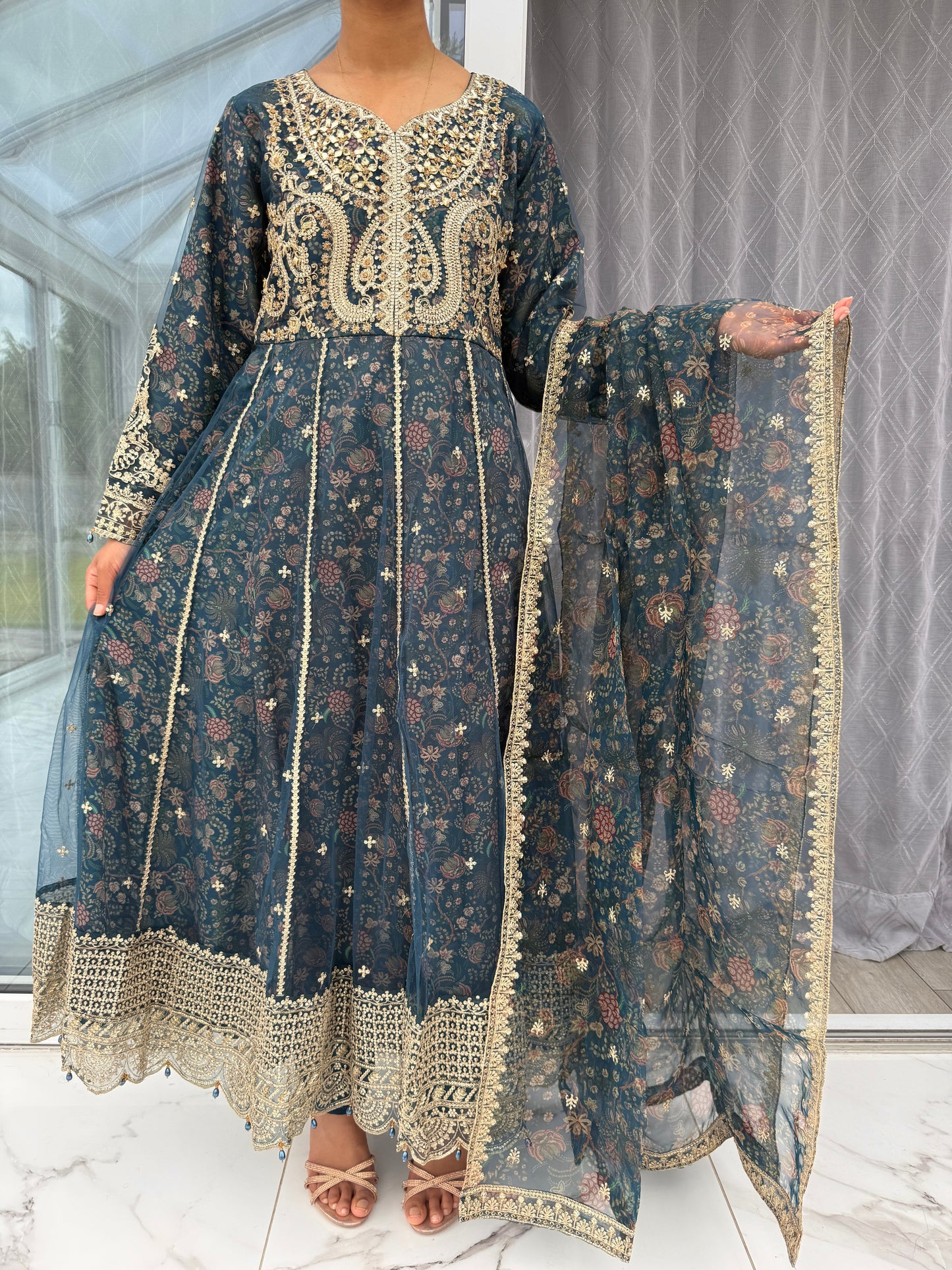 AMISHA - Embroidered net dress with floral silk lining