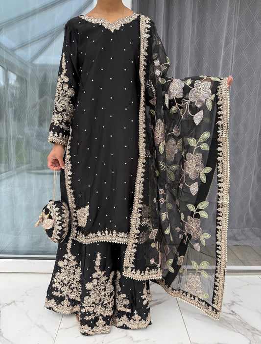 KASHISH BLACK - Embroidered silk kameez with Sharara