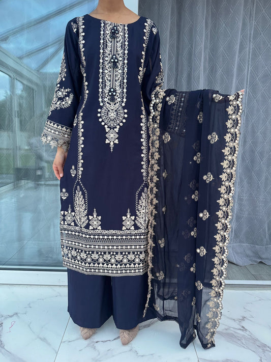 UNAIZA - Embroidered Dhanak collection with chiffon duppatta/plazo Navy blue