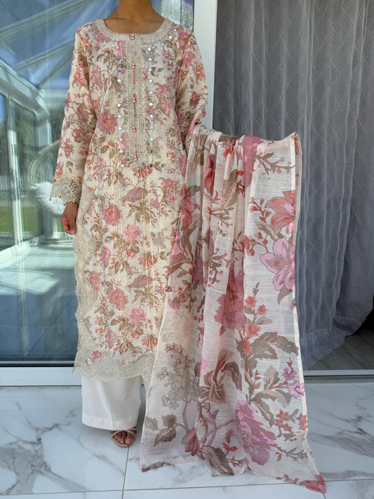 GULNAZ - Embroidered and floral printed monar outfit with plazo pink