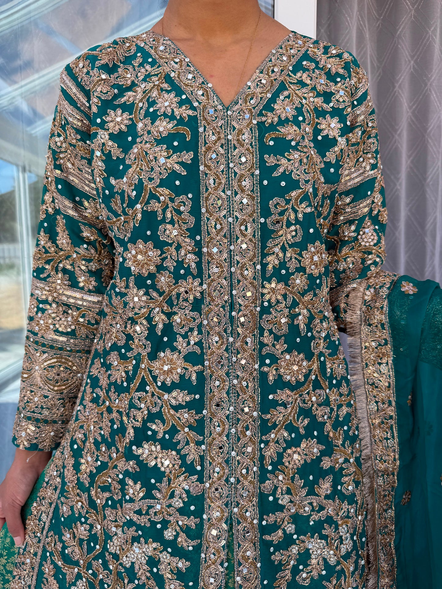 JAHAN - Embroidered chiffon kameez with brocade lengha