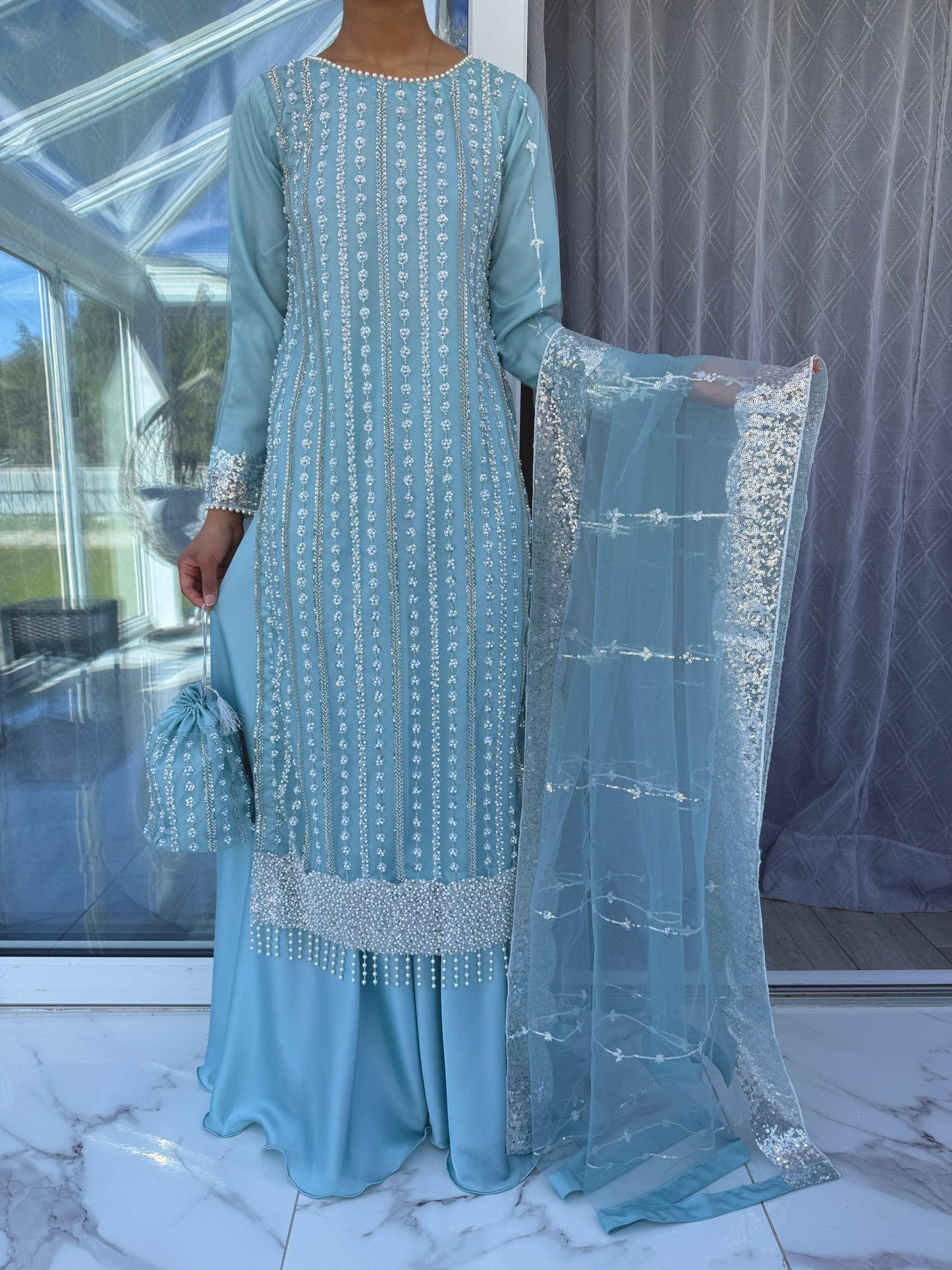 DANIA - Embellished net kameez with Sharara