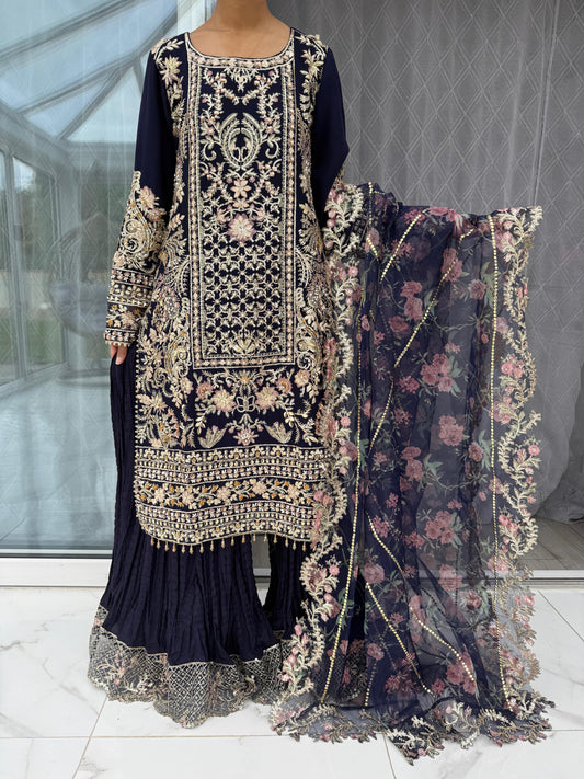 FALAK - Embroidered chiffon kameez with crushed sharara