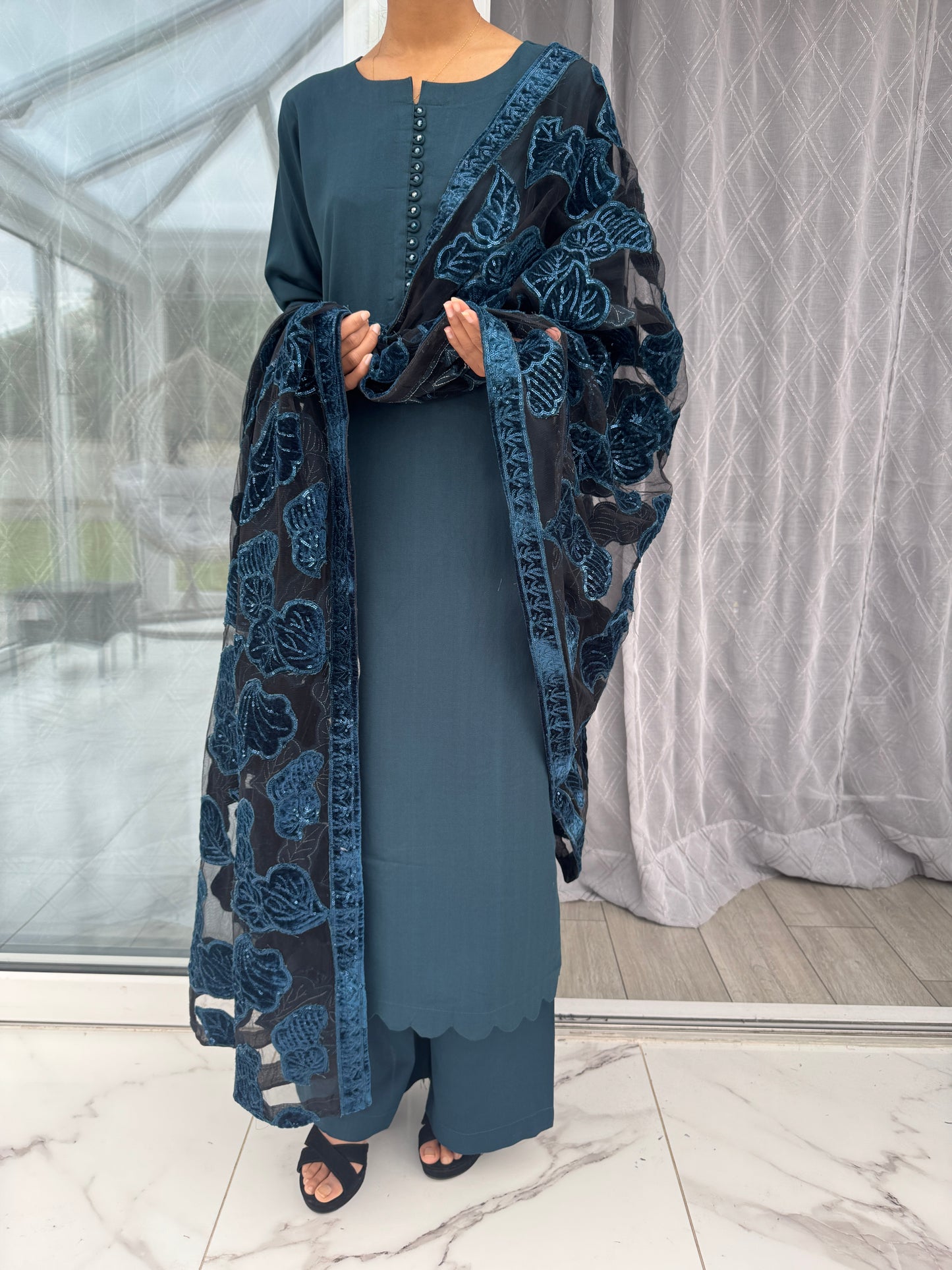 NURA SIMRANS - Dhanak readymade outfit with laserkari velvet net dupatta