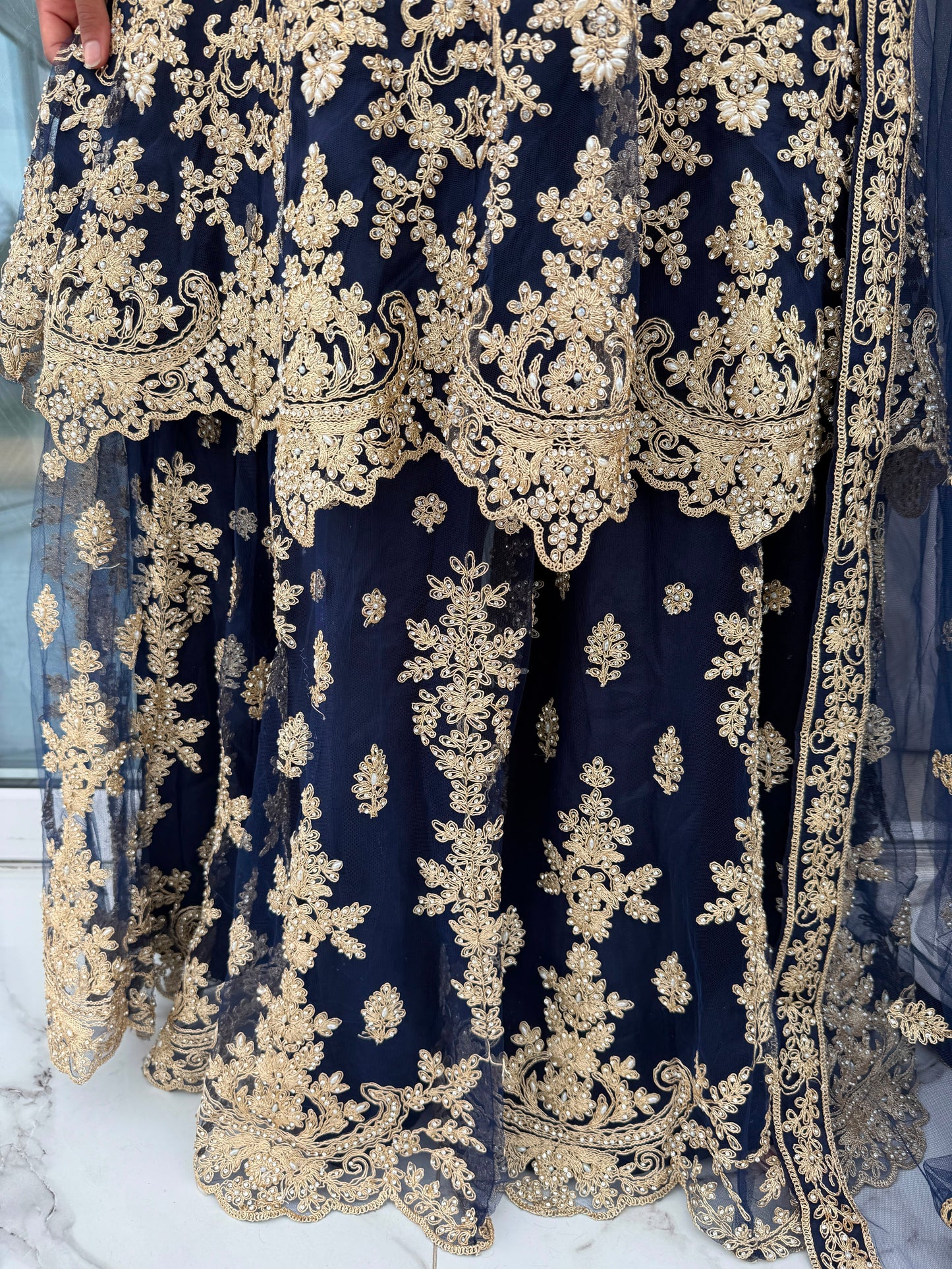 MAHNOOR NAVY BLUE - Embroidered net peplum dress with Sharara