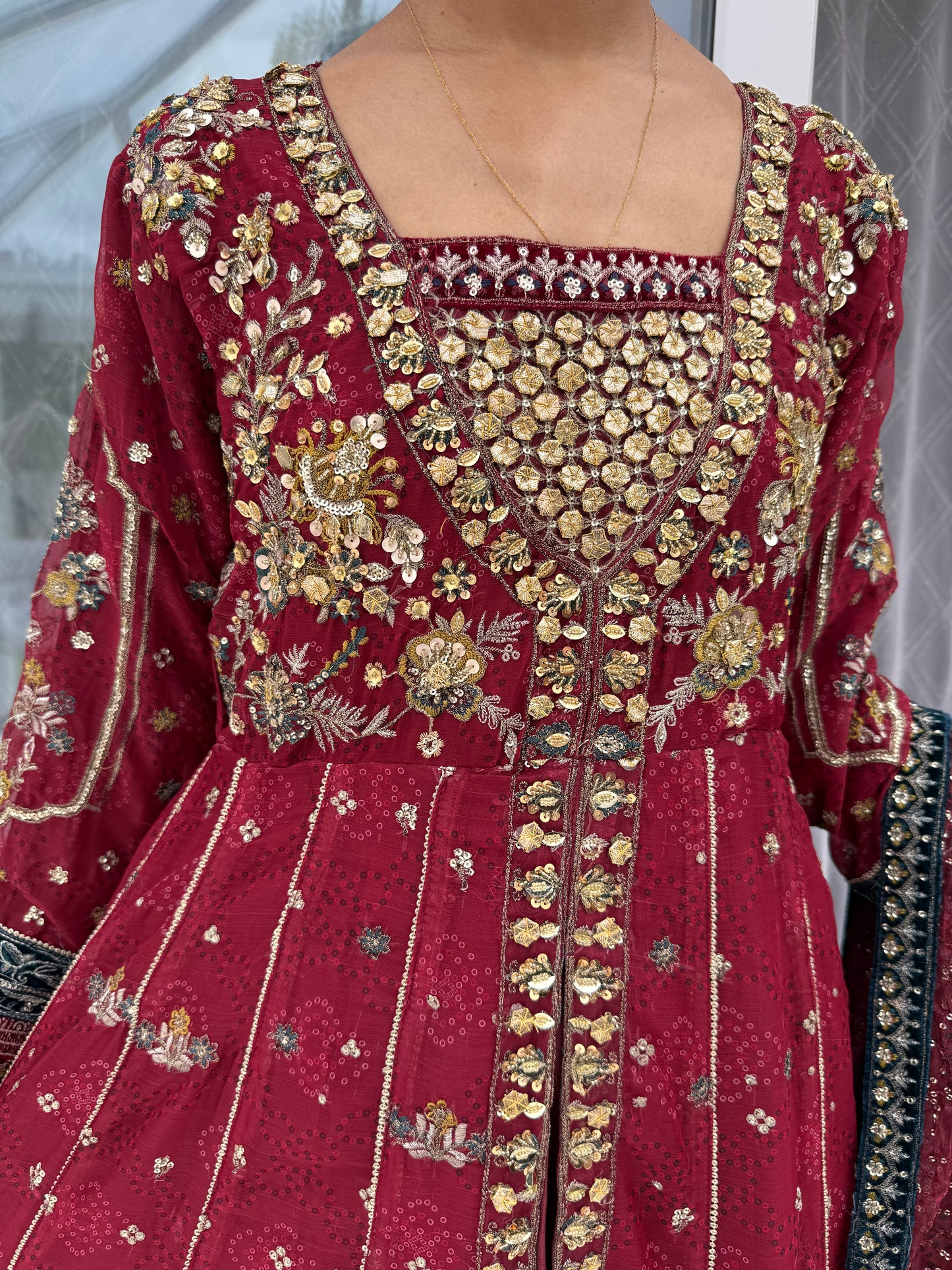 RANI MAROON - Embroidered double layered partywear dress
