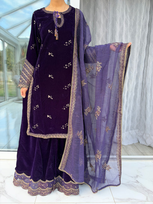 NAQSH PURPLE - Embroidered luxury velvet kameez with Sharara