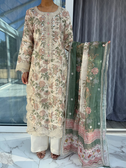 GULNAZ MOCHA- Embroidered and floral printed monar outfit with plazo