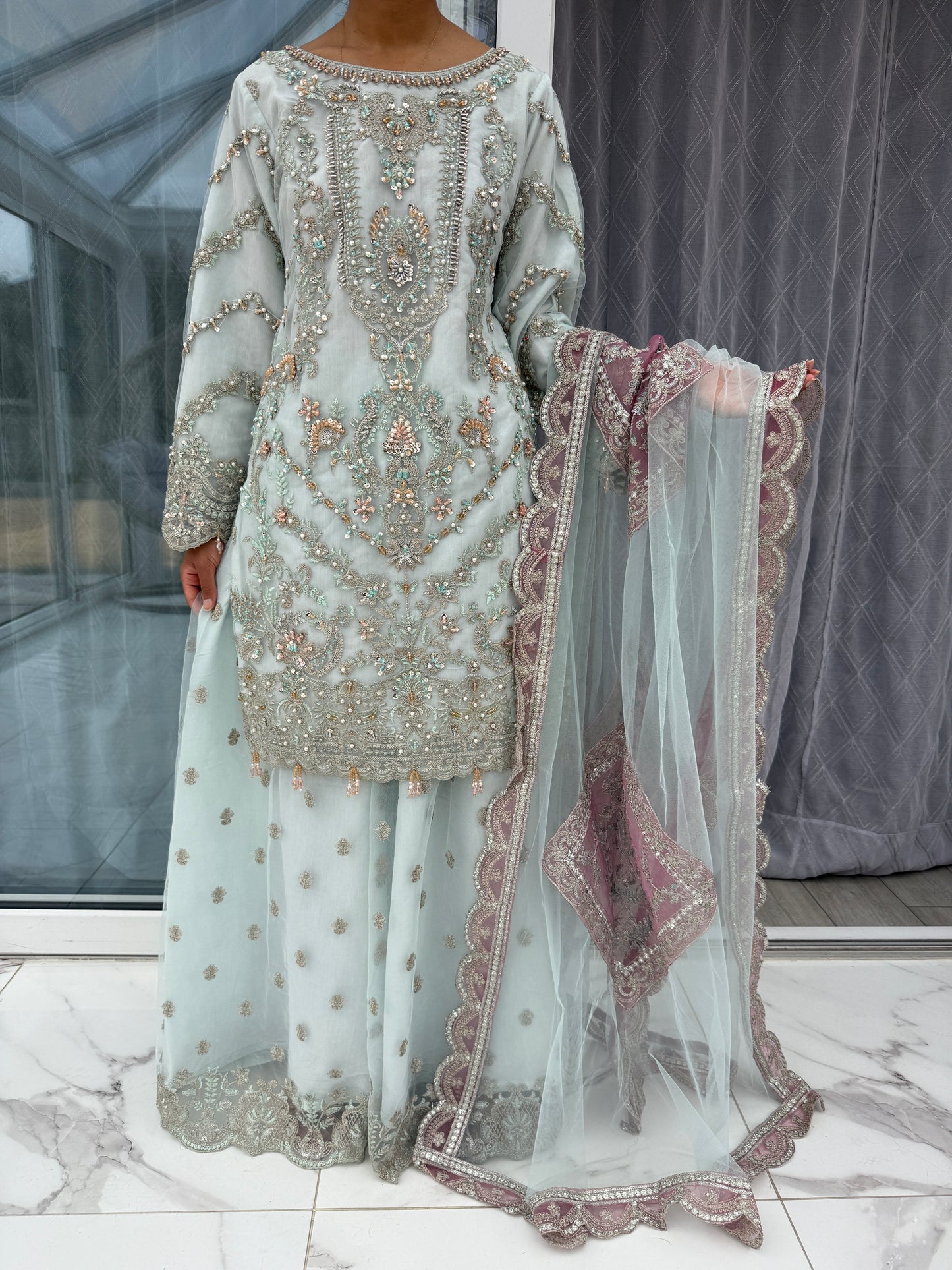 ISMA BLUE - Embroidered net kameez with sharara