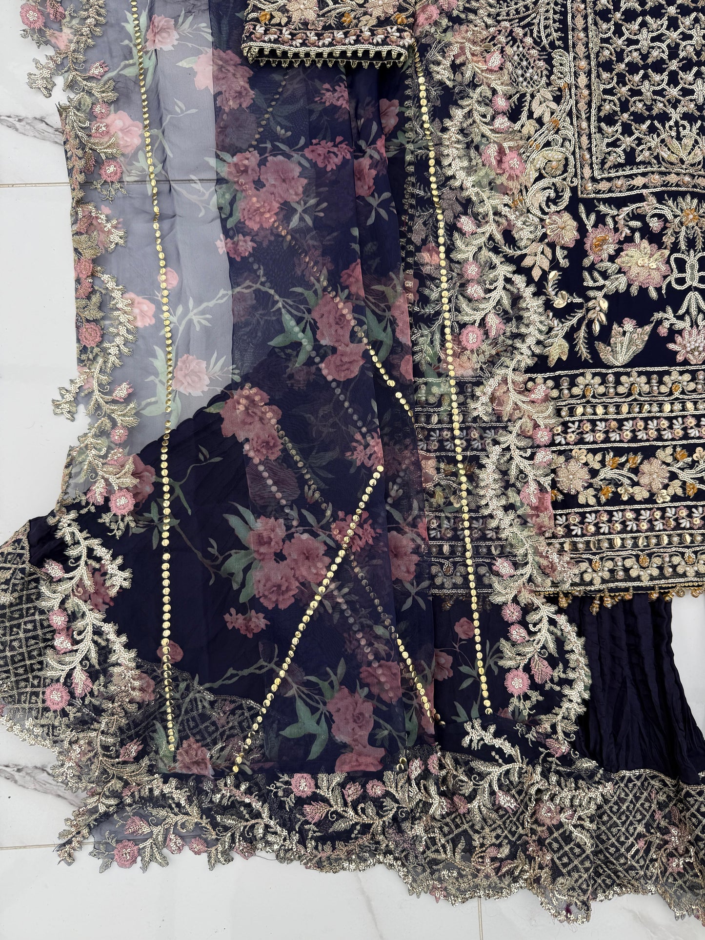 FALAK - Embroidered chiffon kameez with crushed sharara