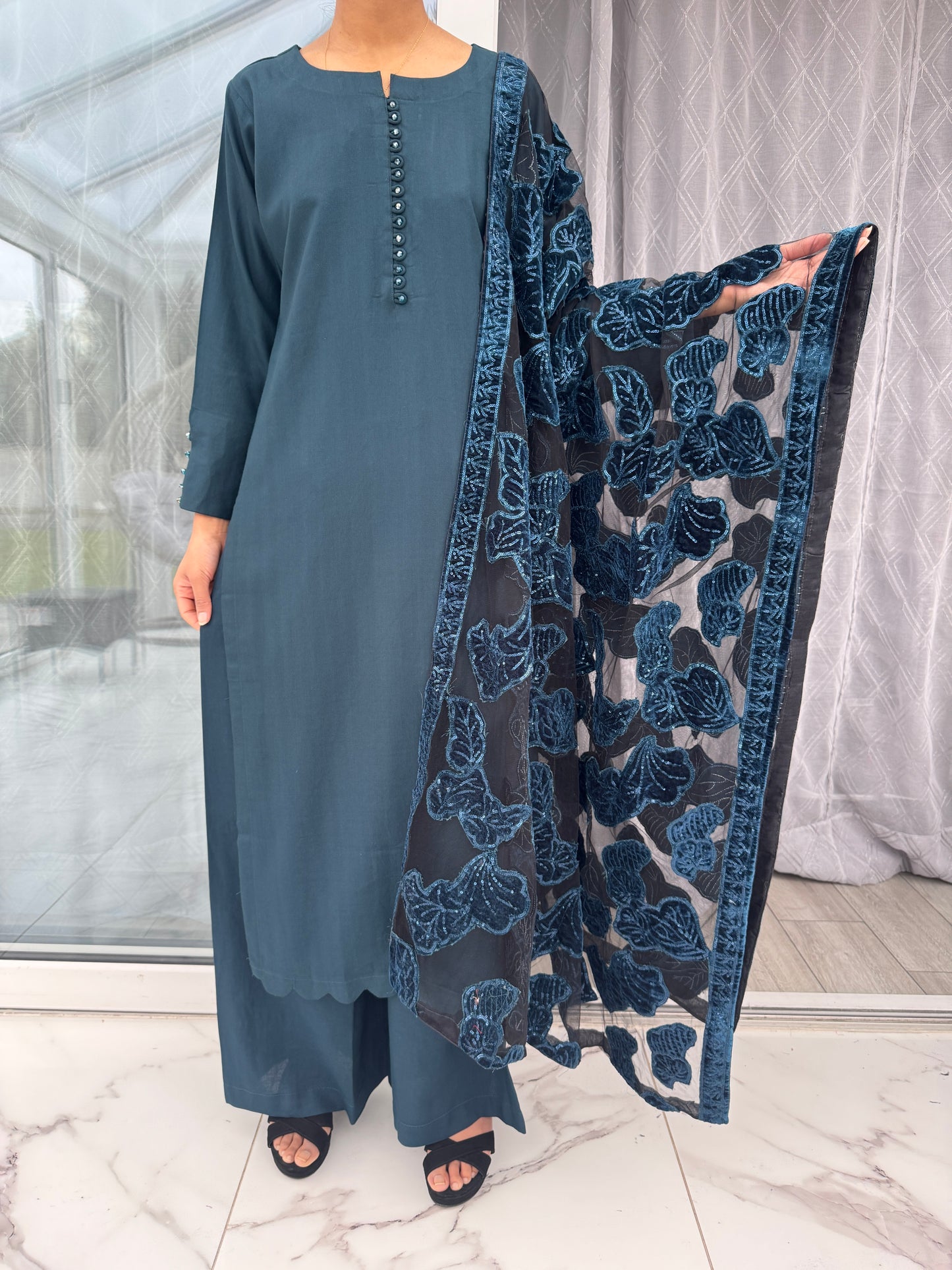 NURA SIMRANS - Dhanak readymade outfit with laserkari velvet net dupatta