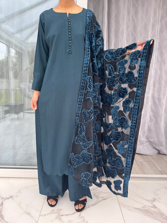 NURA SIMRANS - Dhanak readymade outfit with laserkari velvet net dupatta