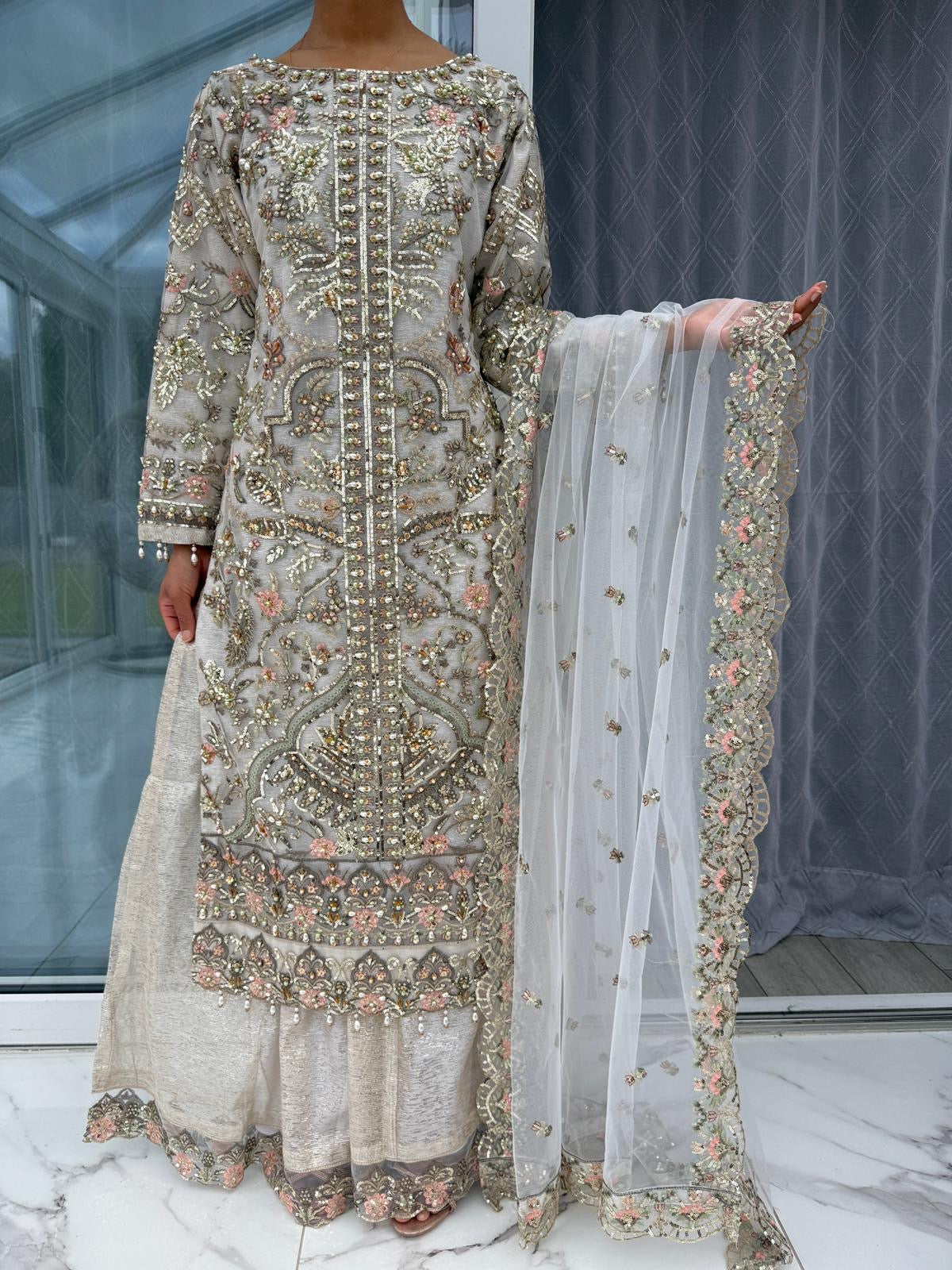 ALAIRA WHITE - Handwork embellished net outfit with Sharara