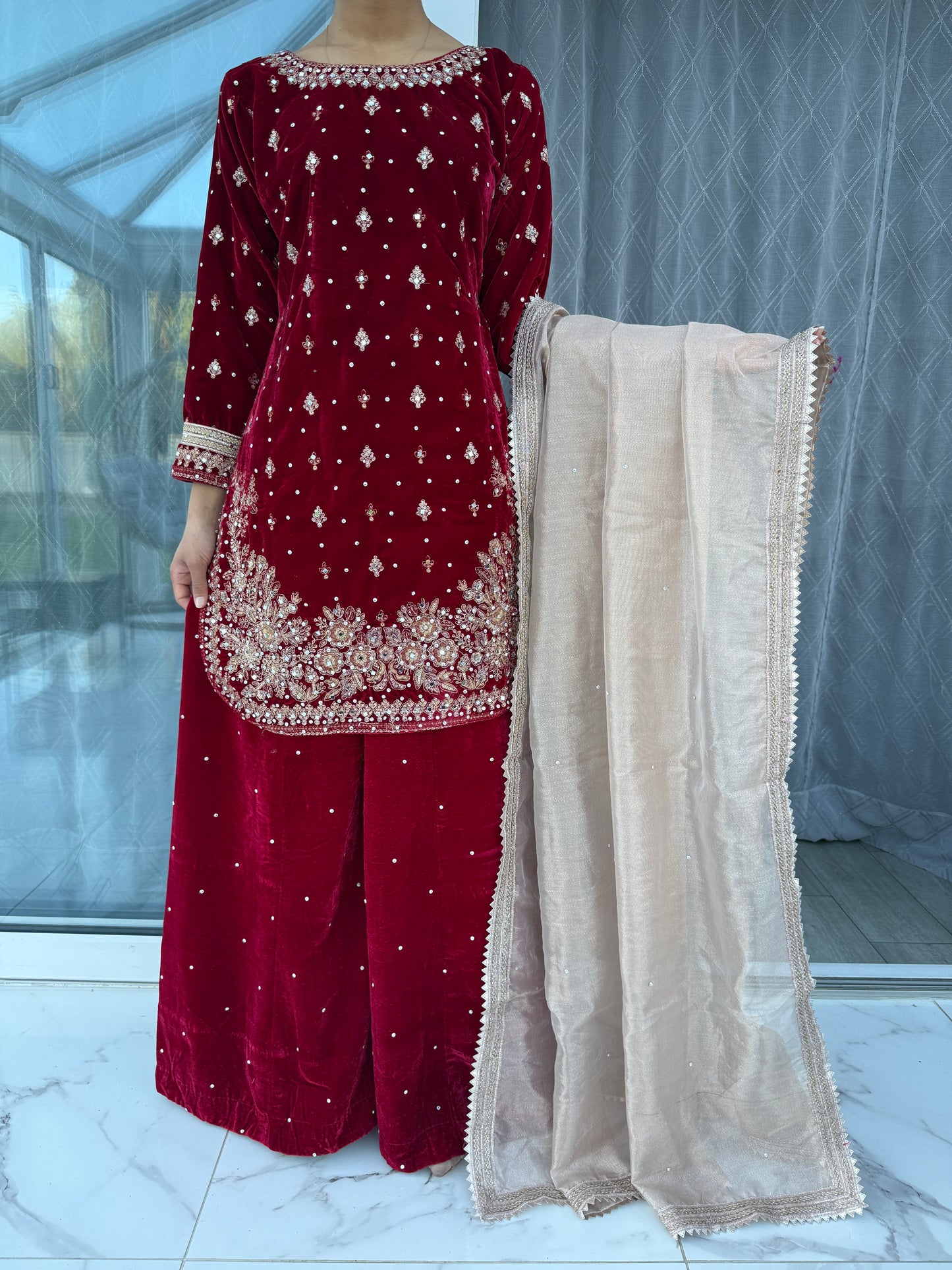 HUMSAFAR - Embroidered velvet sharara outfit