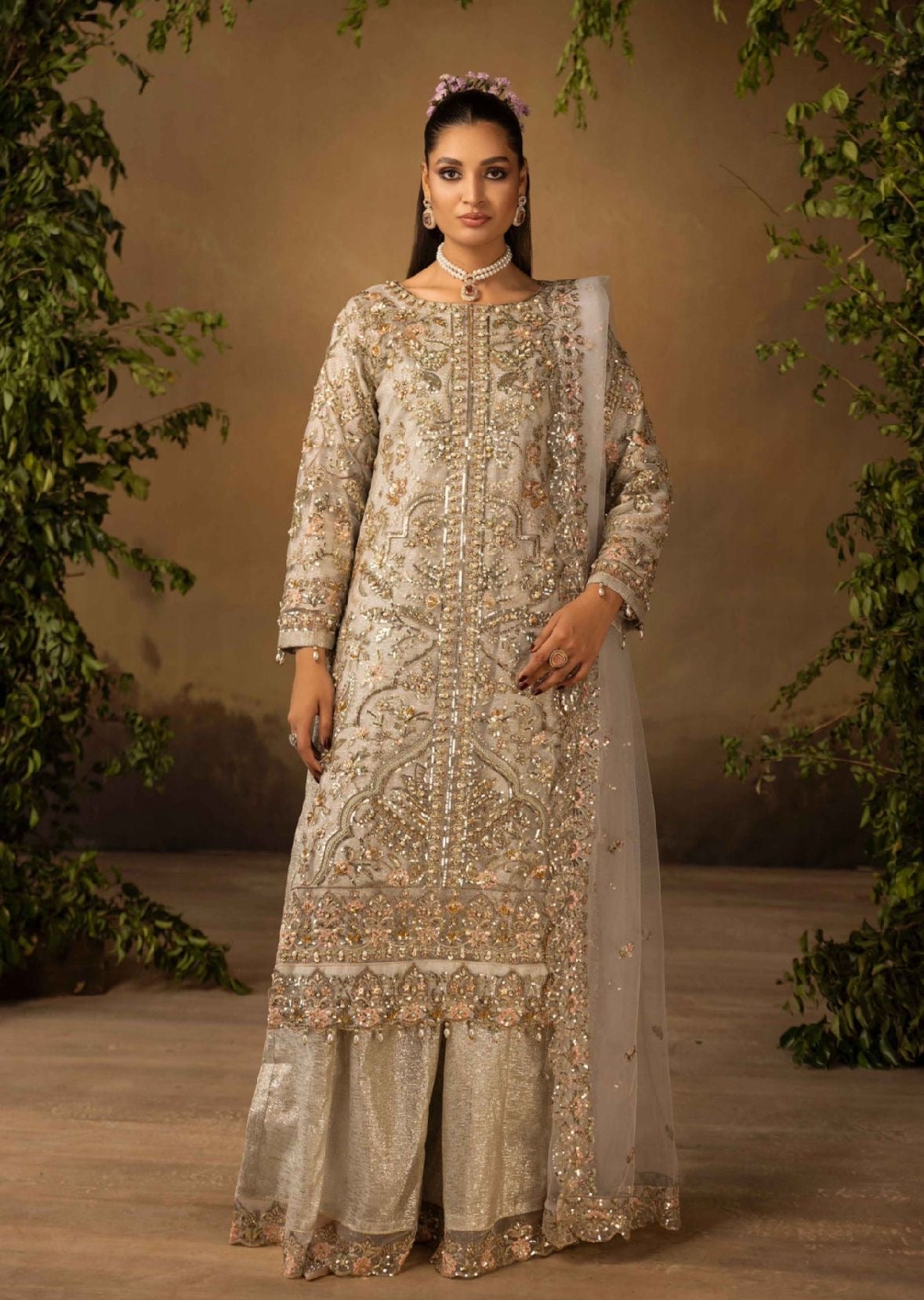 ALAIRA LIGHT GREY - Handwork embellished net outfit with Sharara