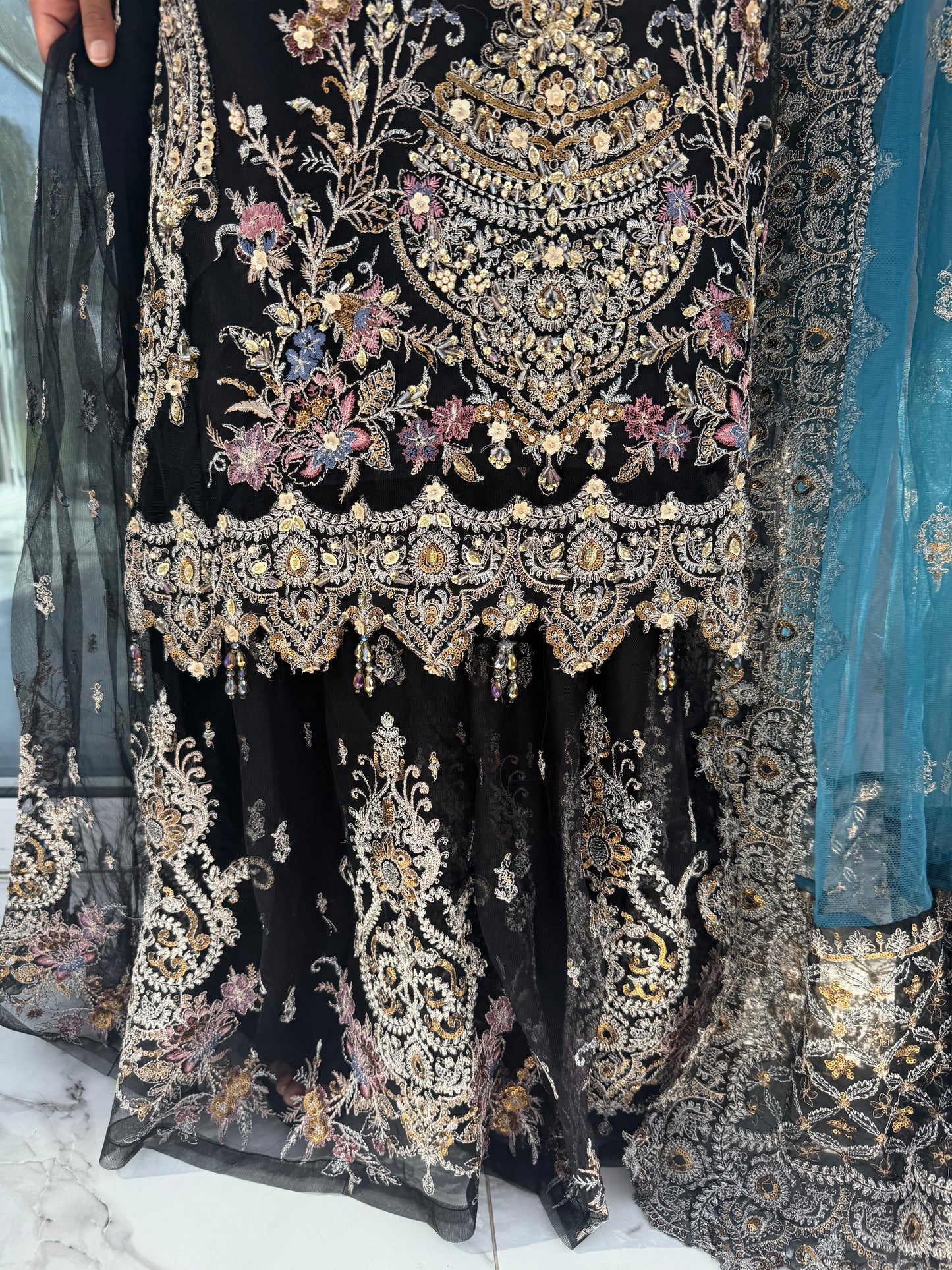 ZARKASH - Heavy embellished net kameez with embroidered sharara