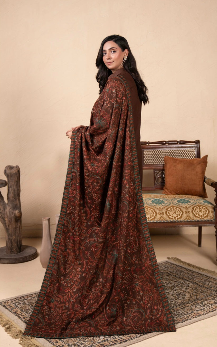 MAHAM BROWN - Embellished Dhanak kameez with embroidered Kashmiri shawl and straight trousers