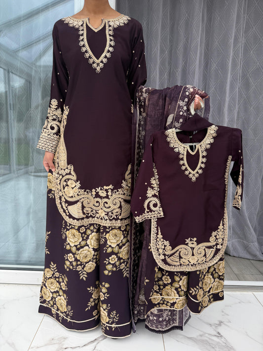 MIRA MOTHER/DAUGHTER COLLECTION PURPLE - Embroidered kameez with printed floral Sharara
