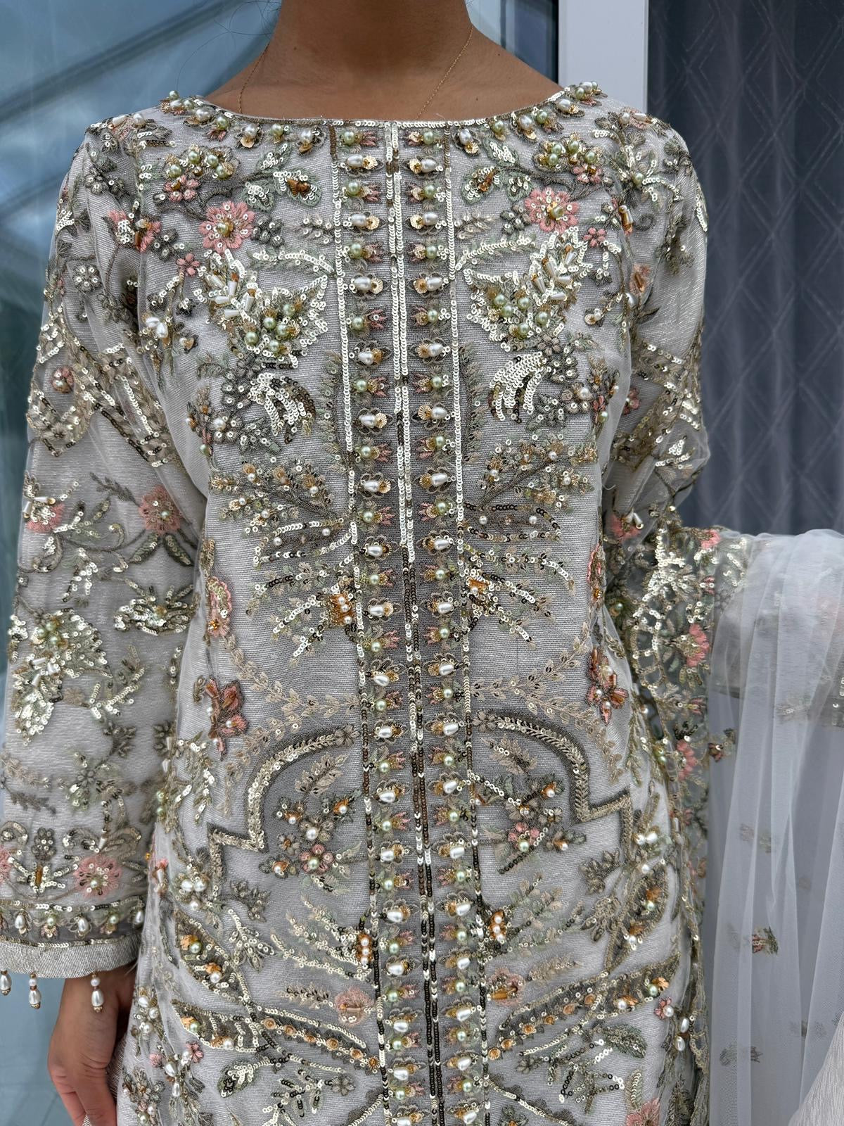 ALAIRA WHITE - Handwork embellished net outfit with Sharara