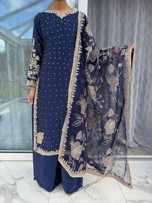 KASHISH NAVY BLUE EID OFFER - Embroidered silk kameez with plazo