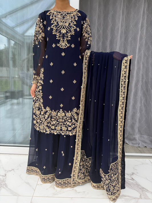 QAMAR - Embroidered chiffon readymade outfit with Sharara