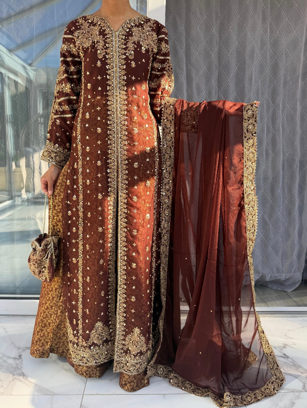 JANNAT BROWN - Embroidered chiffon kameez with brocade lengha