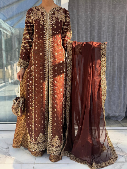 JANNAT BROWN - Embroidered chiffon kameez with brocade lengha