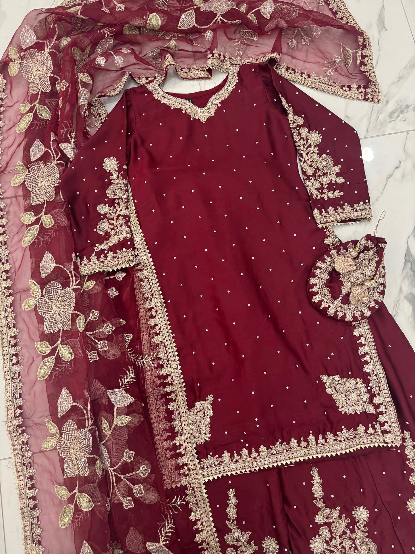 KASHISH MAROON - Embroidered silk kameez with sharara