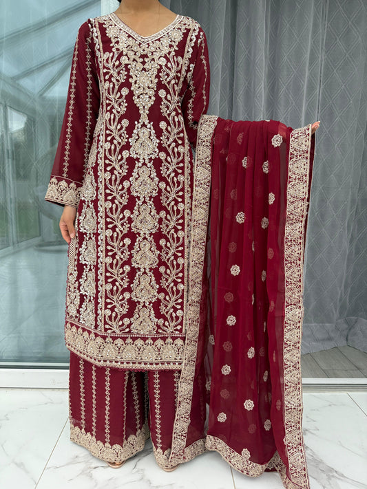 AZEENA MAROON - Embroidered chiffon outfit with plazo