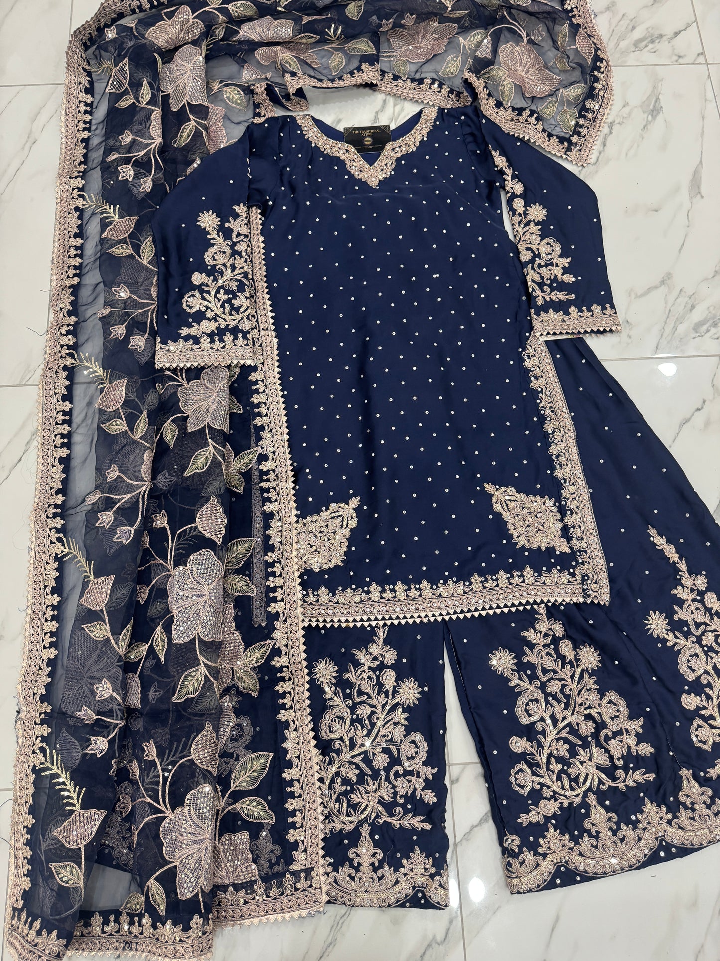 KASHISH - Embroidered silk kameez with sharara navy blue