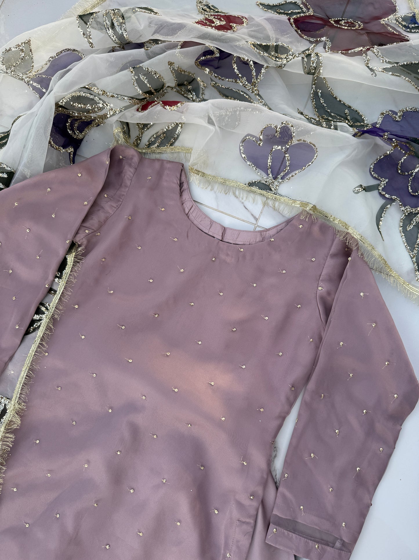 SUHANA - Organza and silk outfit with hand painted dupatta