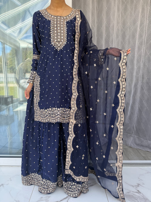QAYLA - Embroidered silk kameez with silk sharara