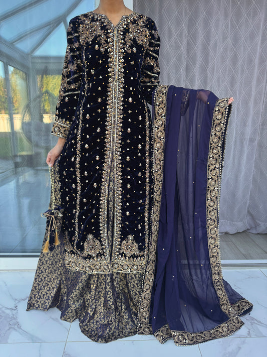 JANNAT - Embroidered Velvet Kameez with Brocade Lengha Blue