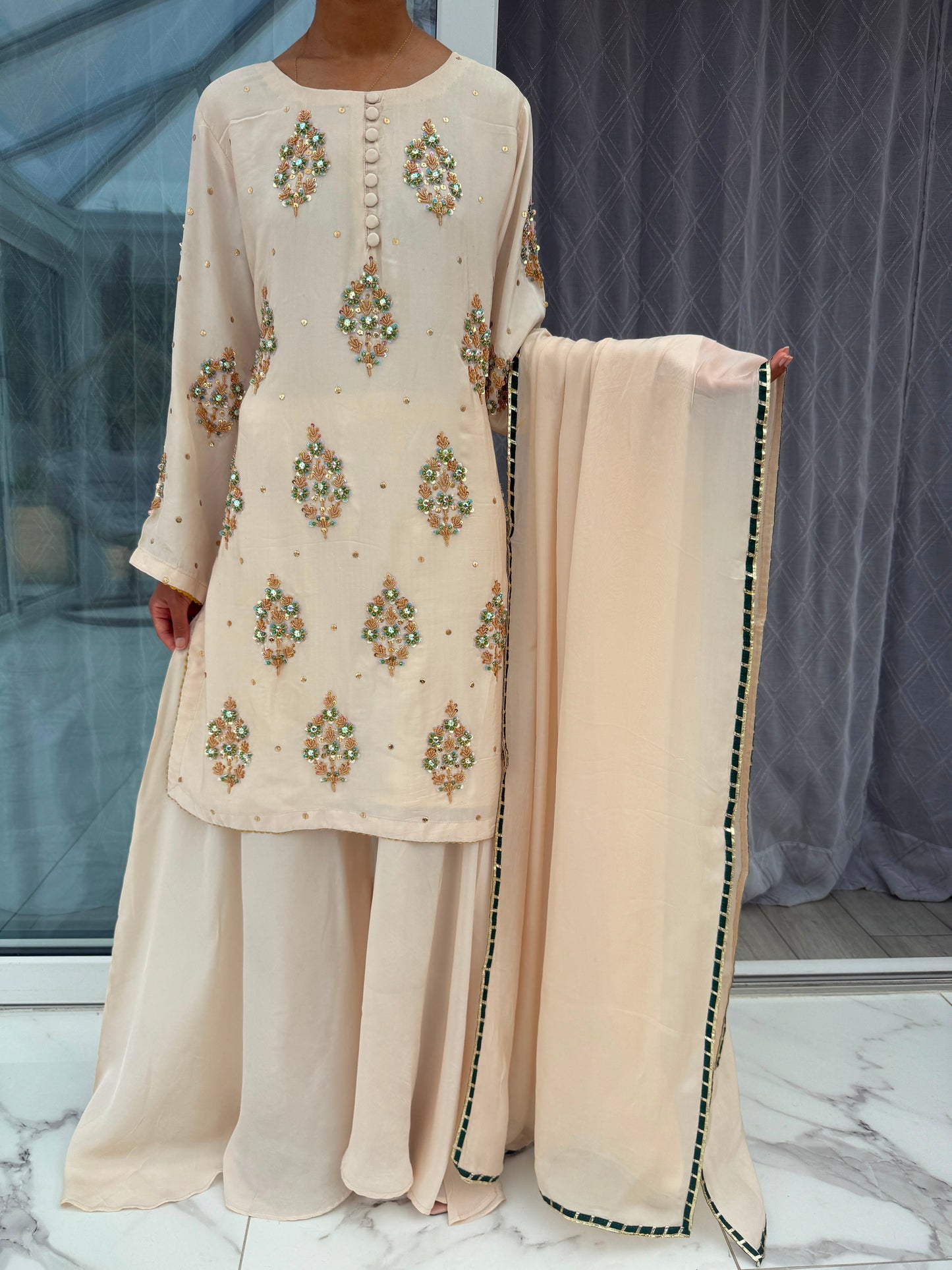 SANIYA - Sheesha silk kameez with handwork detailing and Sharara