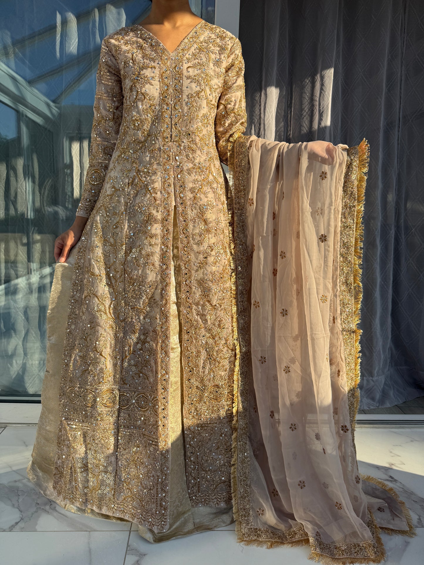 JAHAN - Embroidered chiffon kameez with brocade lengha