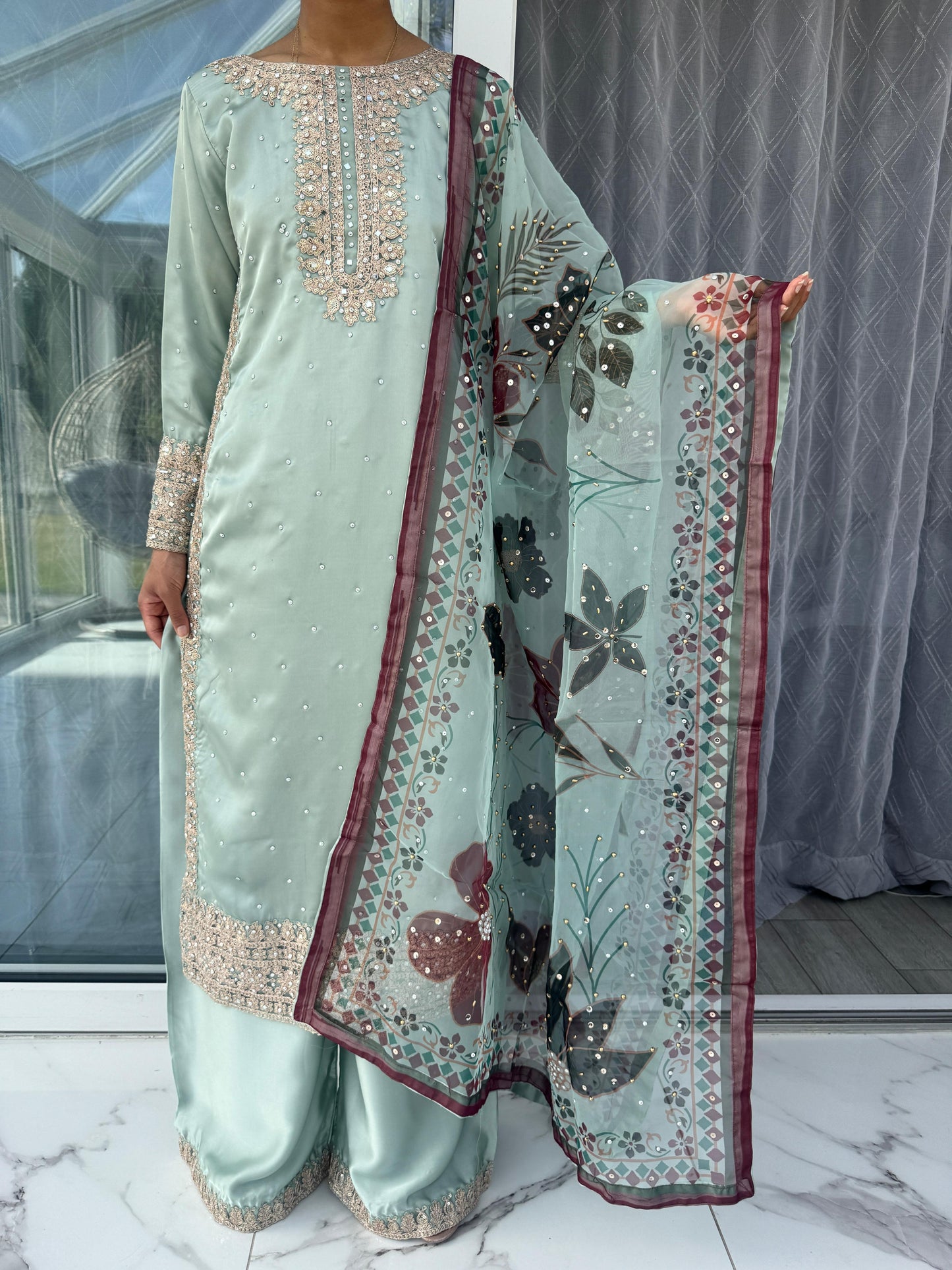 RUMANA SAGE - Embroidered silk kameez with hand painted dupatta