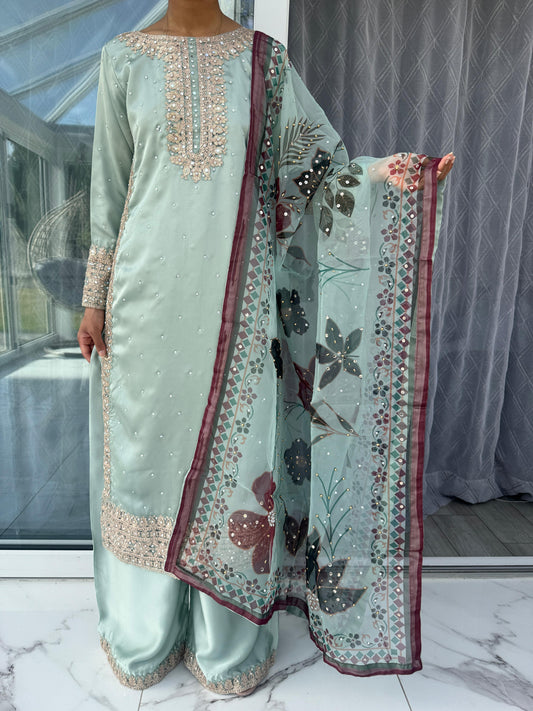 RUMANA SAGE - Embroidered silk kameez with hand painted dupatta