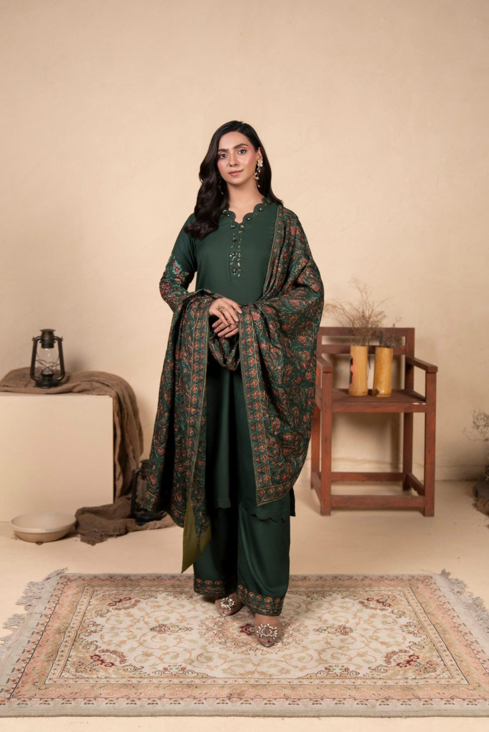 MAHAM GREEN - Embellished Dhanak kameez with embroidered Kashmiri shawl and plazo