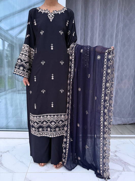 UMAYRA - Embroidered linen kameez with plazo & chiffon dupatta navy blue